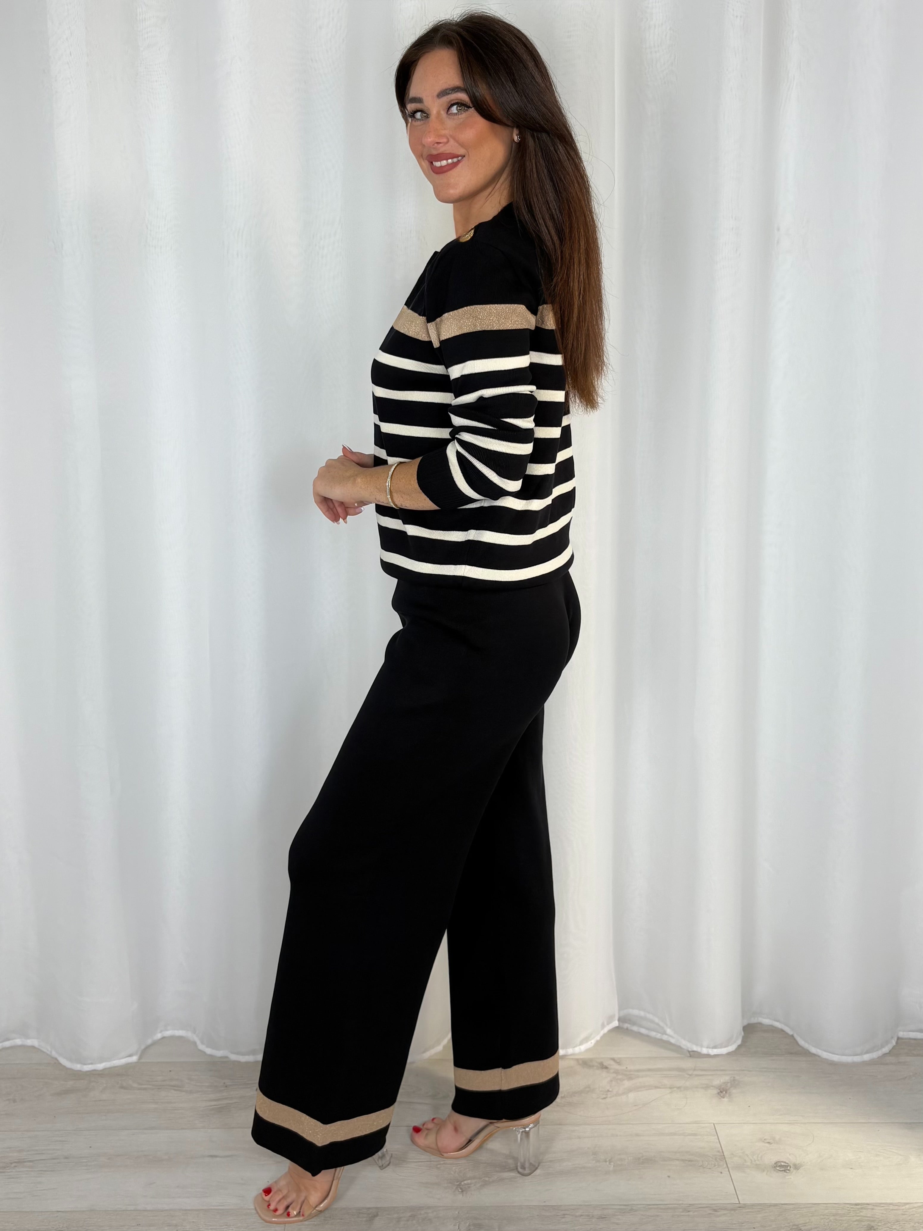 Striped Jumper With Gold Button Detail And Straight Leg Trouser Co-Ord (4 Colours)