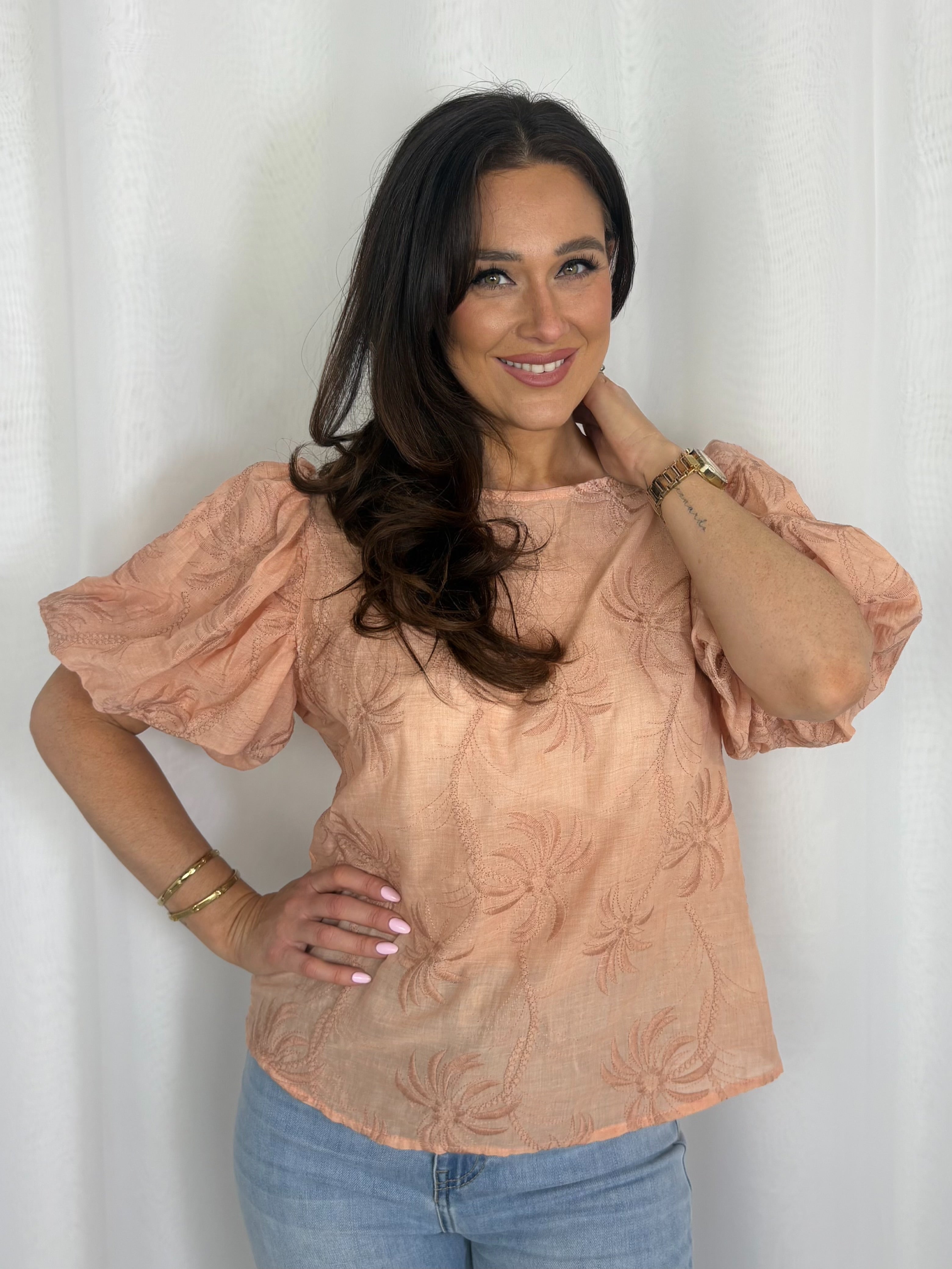 Peach Embroidered Palm Tree Balloon Sleeve Top