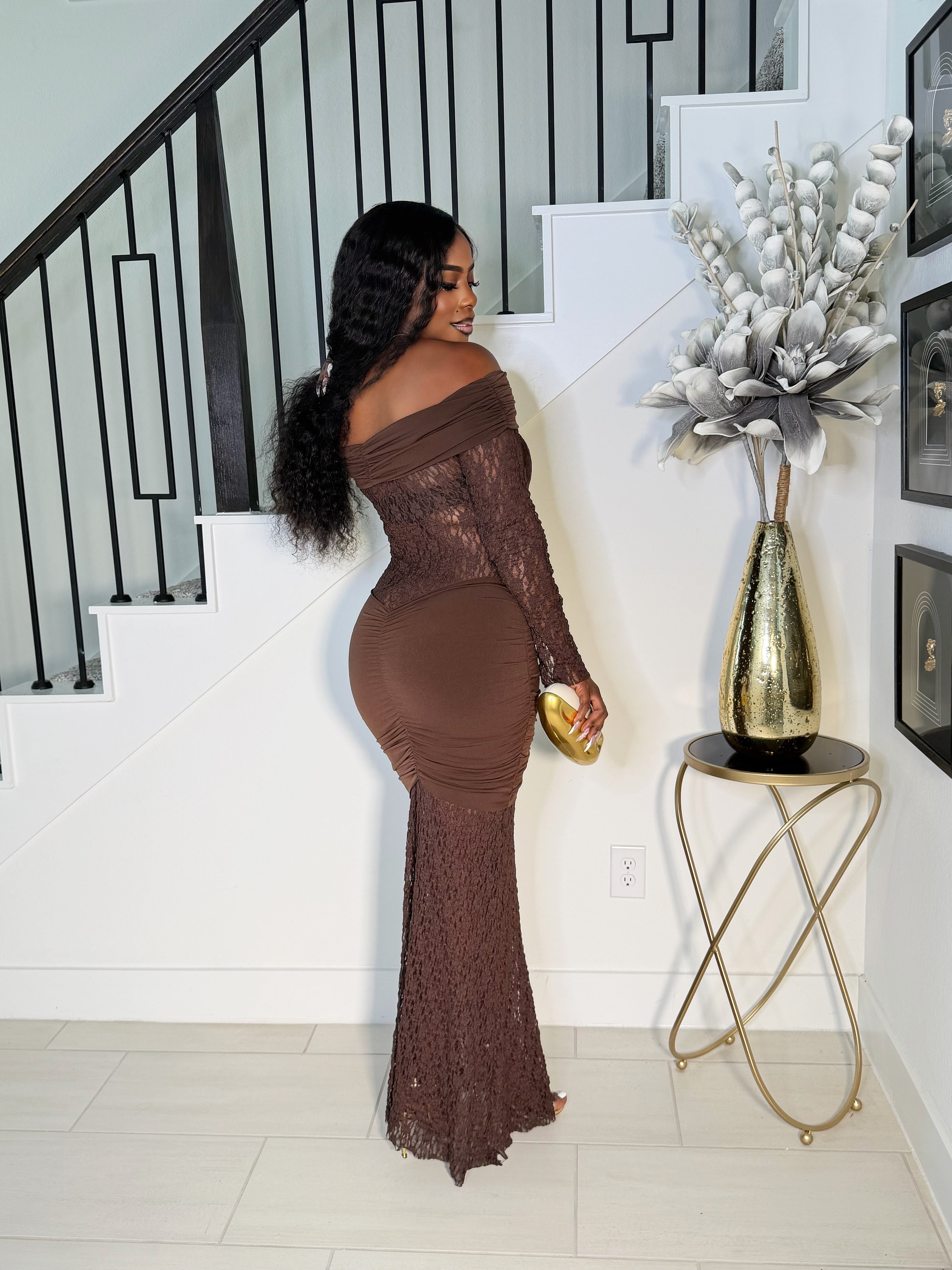 MALINA LACE SCULPT MAXI DRESS (BROWN)