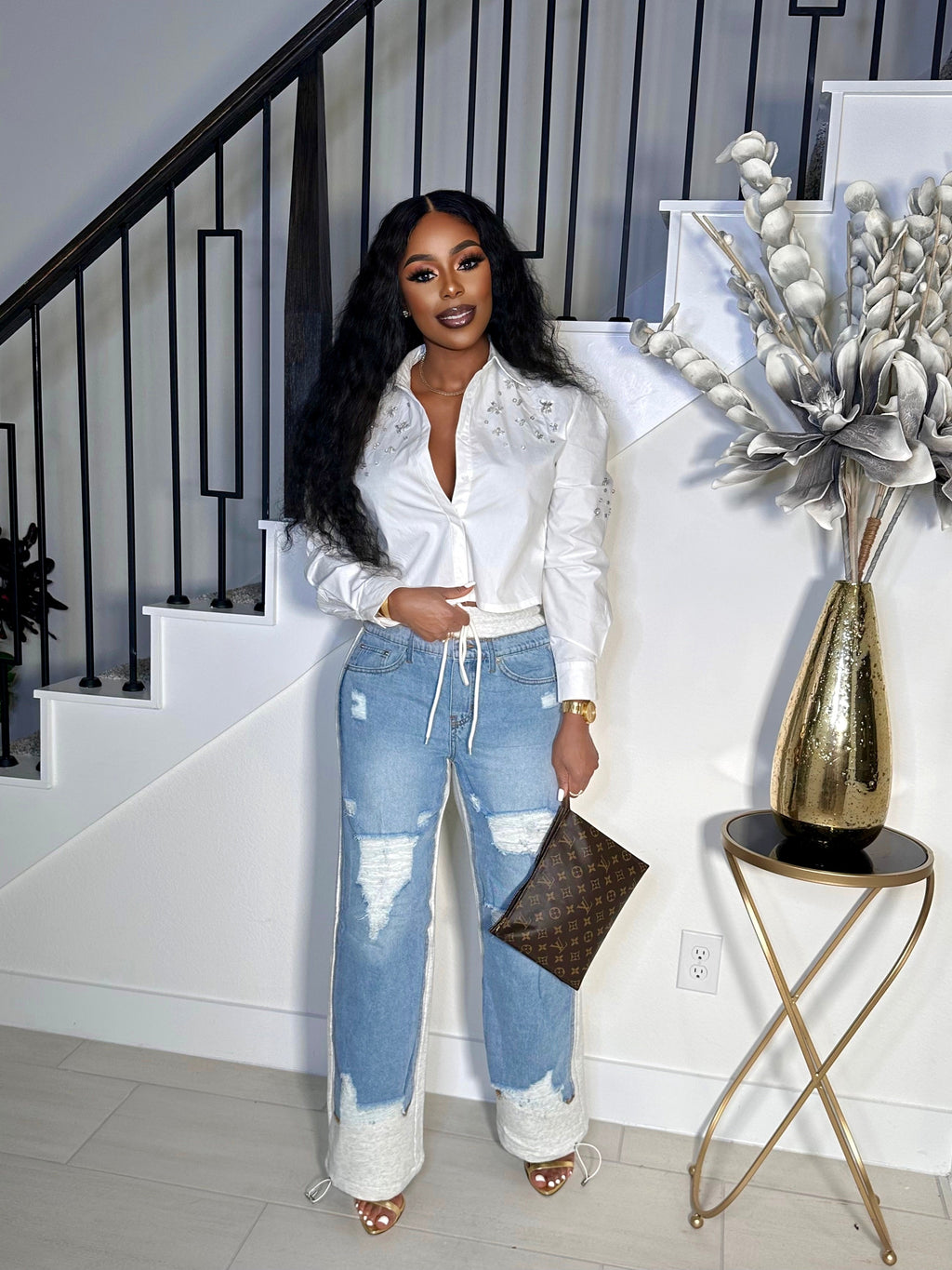 KELLY DISTRESS CARGO DRAW STRING DENIM PANTS