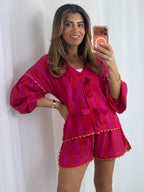 Fuchsia/Orange Stripe Scalloped Edge Puff Sleeve Shorts Co-ord
