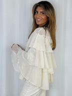 Keyhole Pearl Button Frill Layered Blouse (2 Colours)