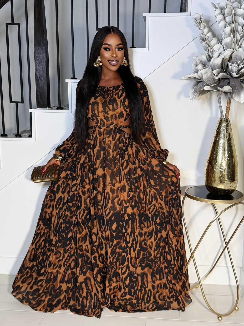 EMBER LEOPARD PRINT CUT OUT MAXI DRESS