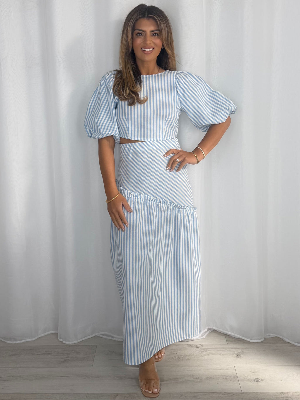 Striped Balloon Sleeve Tie Up Back And Frill Maxi Skirt Co-Ord (2 Colours)