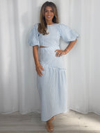Striped Balloon Sleeve Tie Up Back And Frill Maxi Skirt Co-Ord (2 Colours)