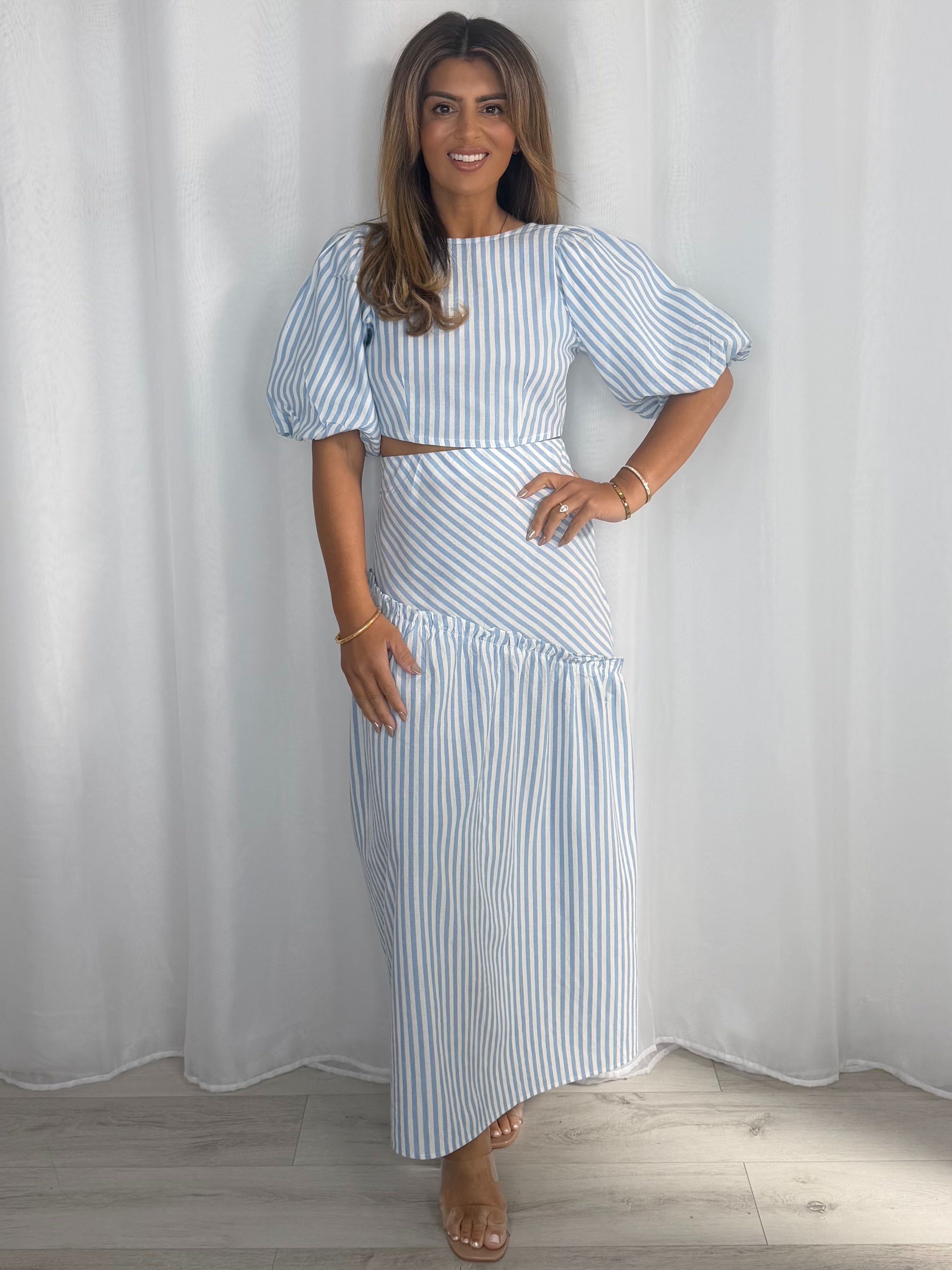 Striped Balloon Sleeve Tie Up Back And Frill Maxi Skirt Co-Ord (2 Colours)