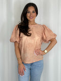 Peach Embroidered Palm Tree Balloon Sleeve Top