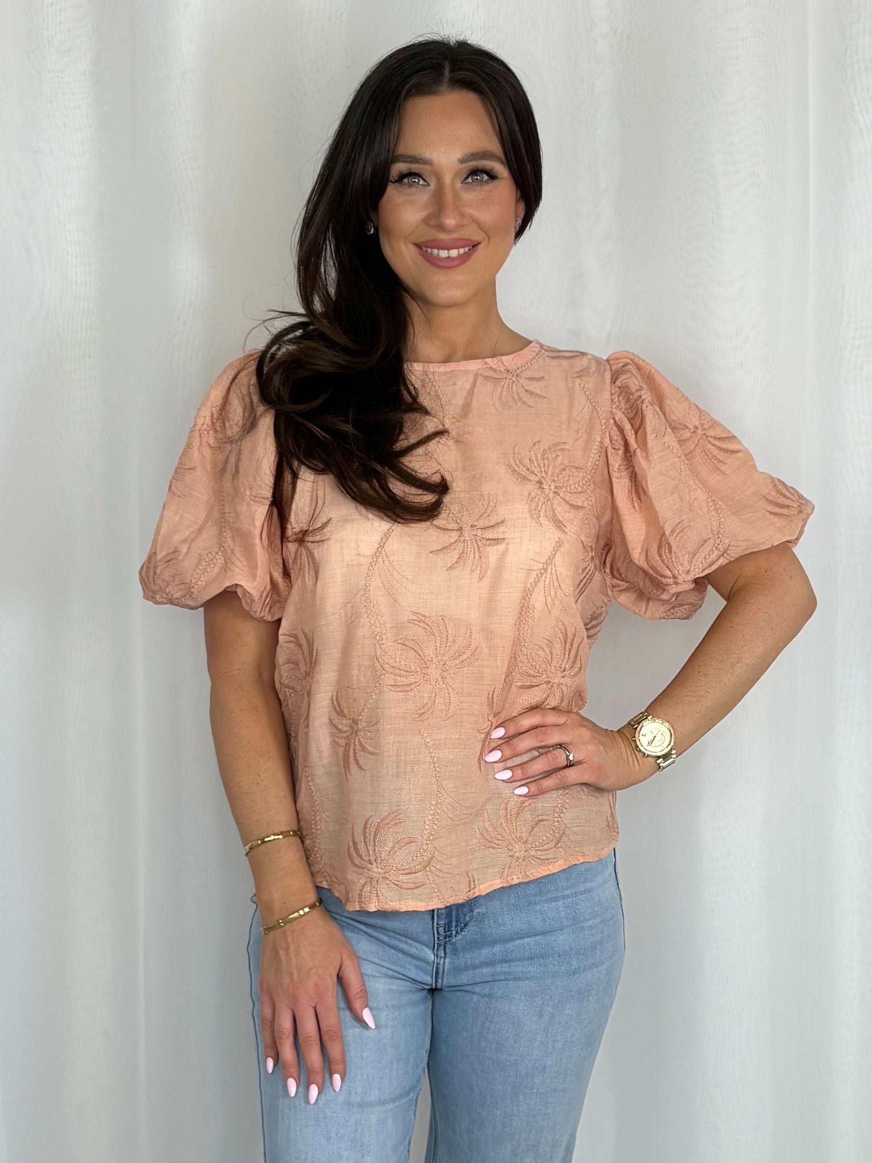 Peach Embroidered Palm Tree Balloon Sleeve Top