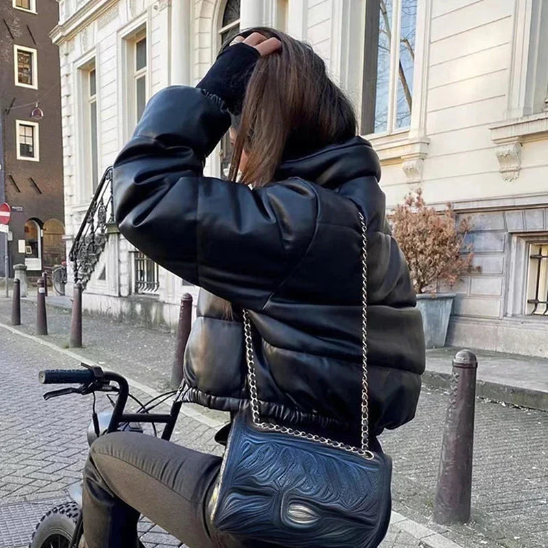 PU leather quilted jacket for women