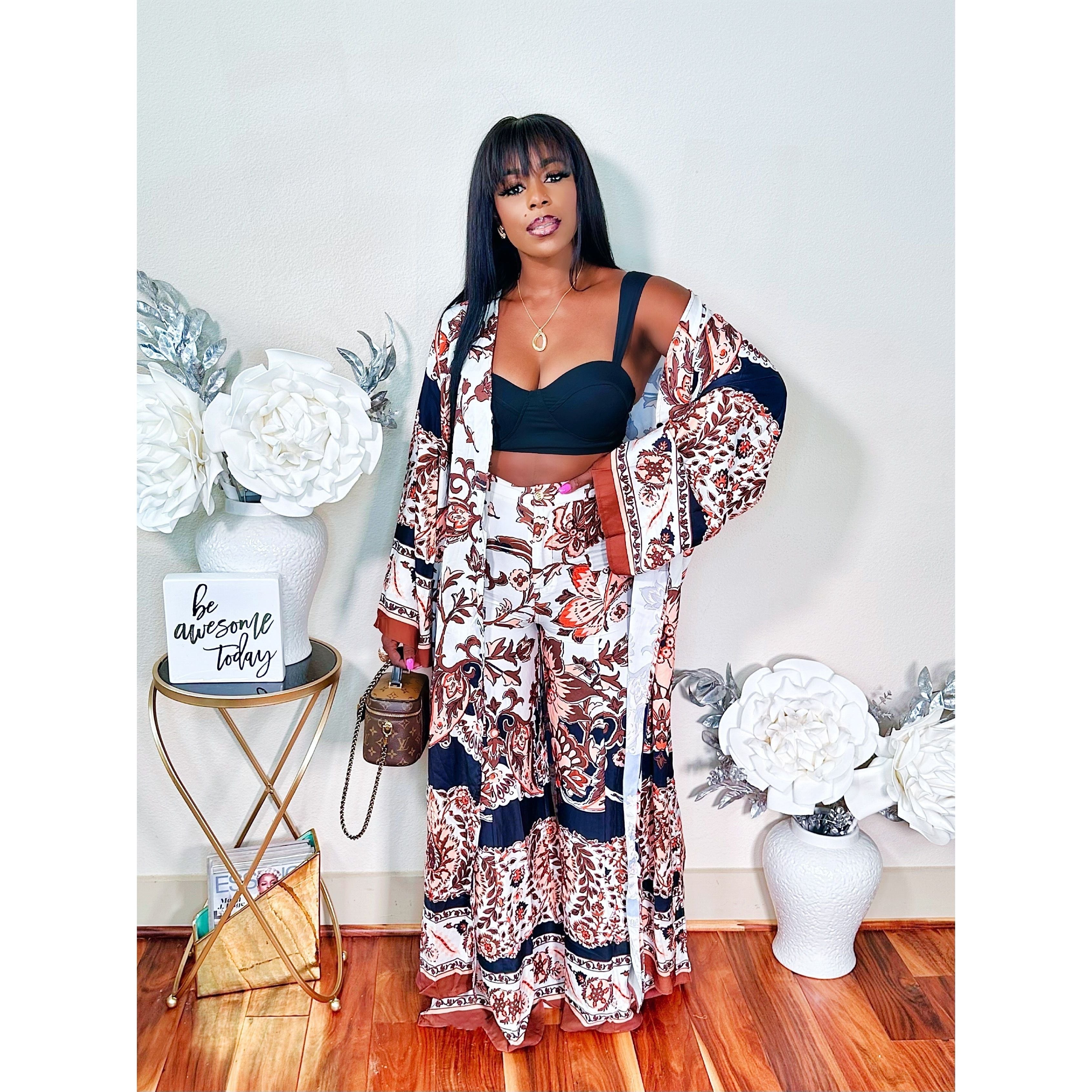STILL THAT GIRSL 3 PIECE KIMONO PANTS SET (BLACK)