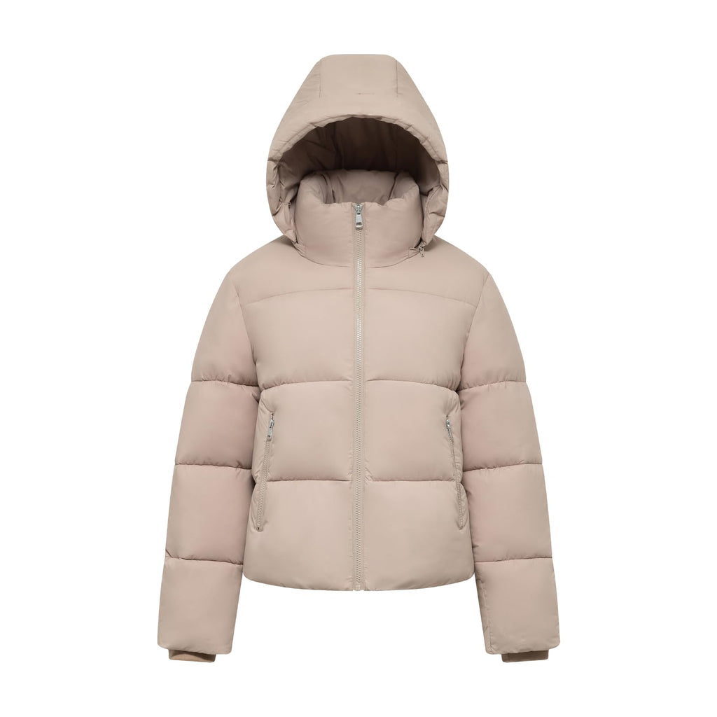 Warm Core Premium Short Puffer Jackets with Removable Hood & Optional Faux Fur Linging, Lady Casual Outerwear Longsleeves Zip Pockets Warm Quilted Coat