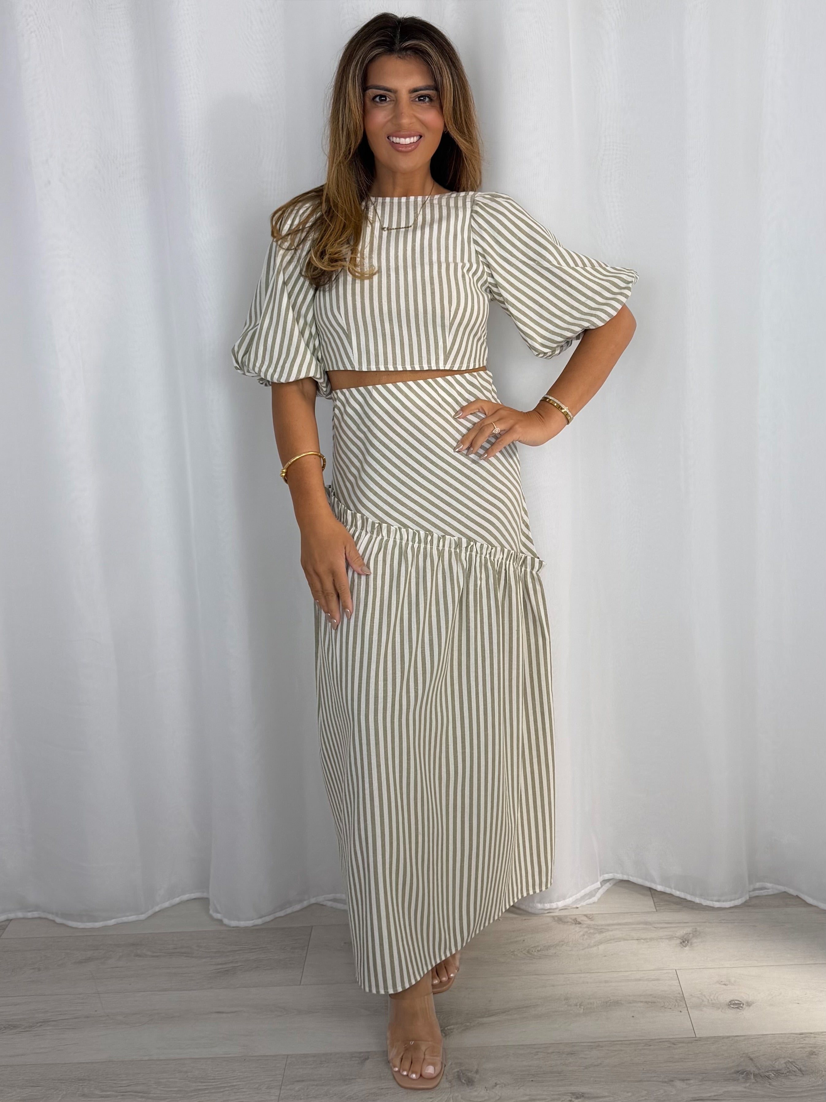 Striped Balloon Sleeve Tie Up Back And Frill Maxi Skirt Co-Ord (2 Colours)