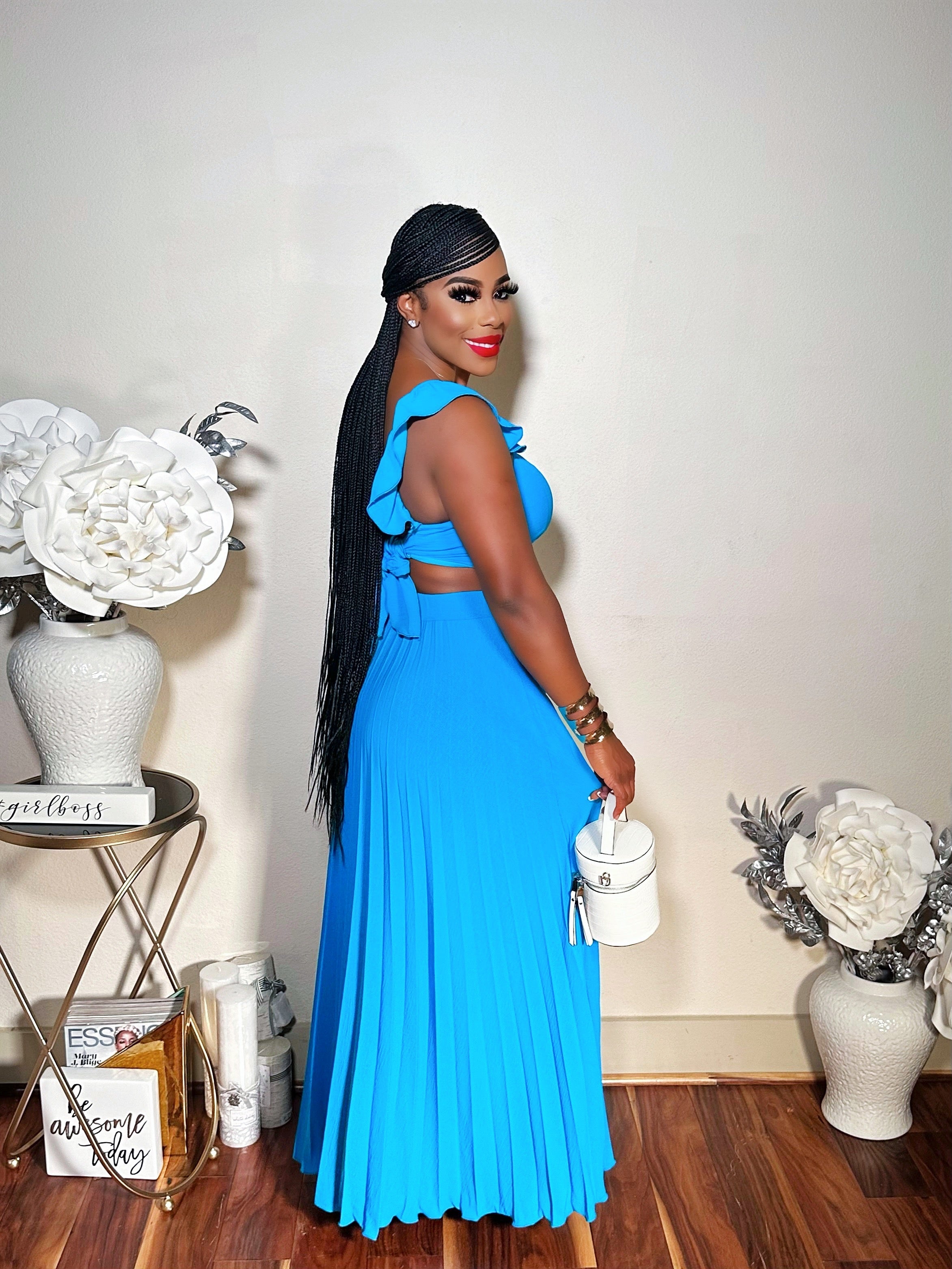 LET IT FLOW PLEATED MAXI SKIRT SET (BLUE)