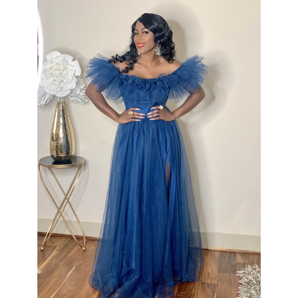 LONG BLUE OFF THE SHOULDER TULL DRESS