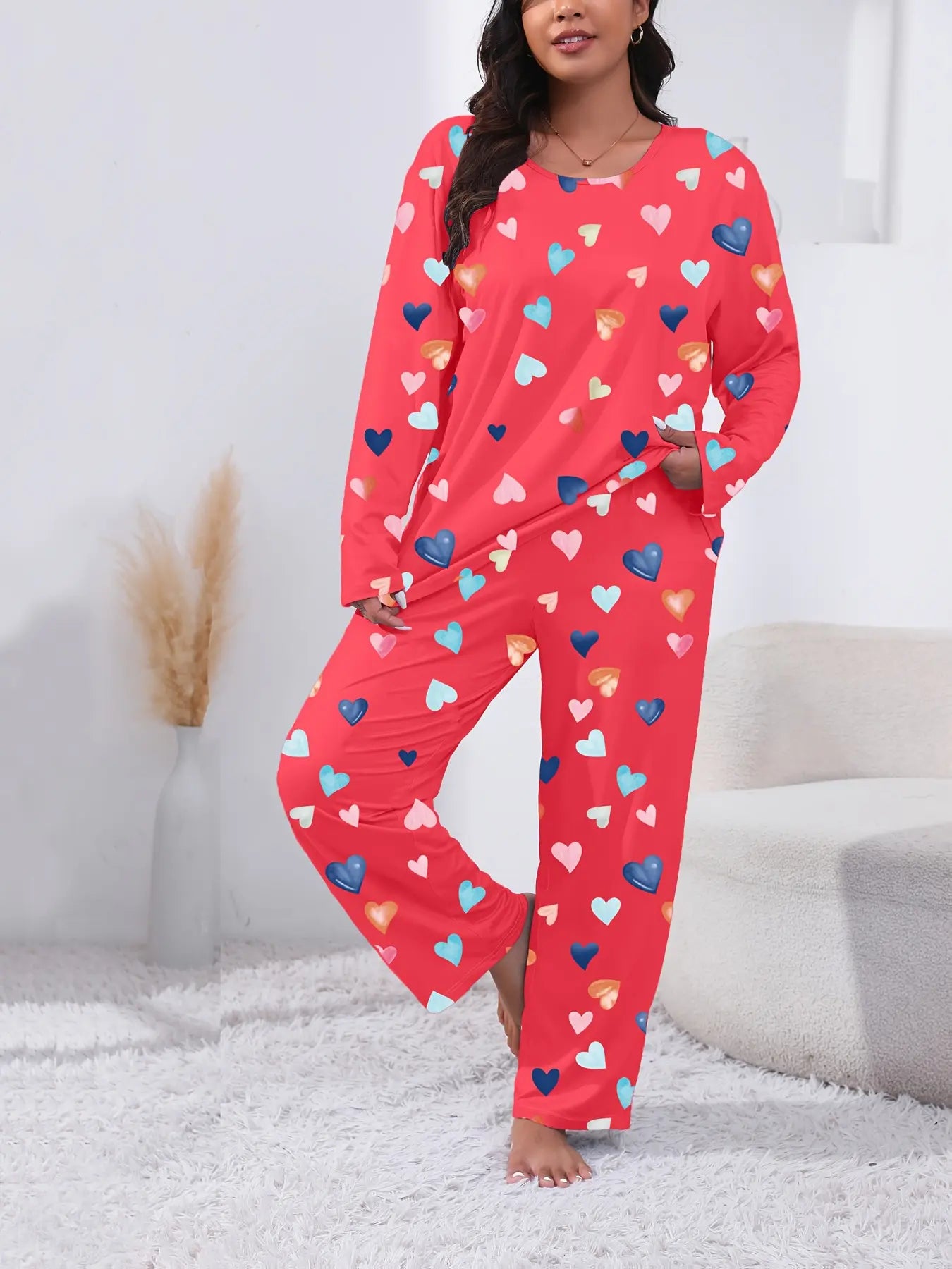 Plus Size Heart Print Pyjama Lounge Set for Women