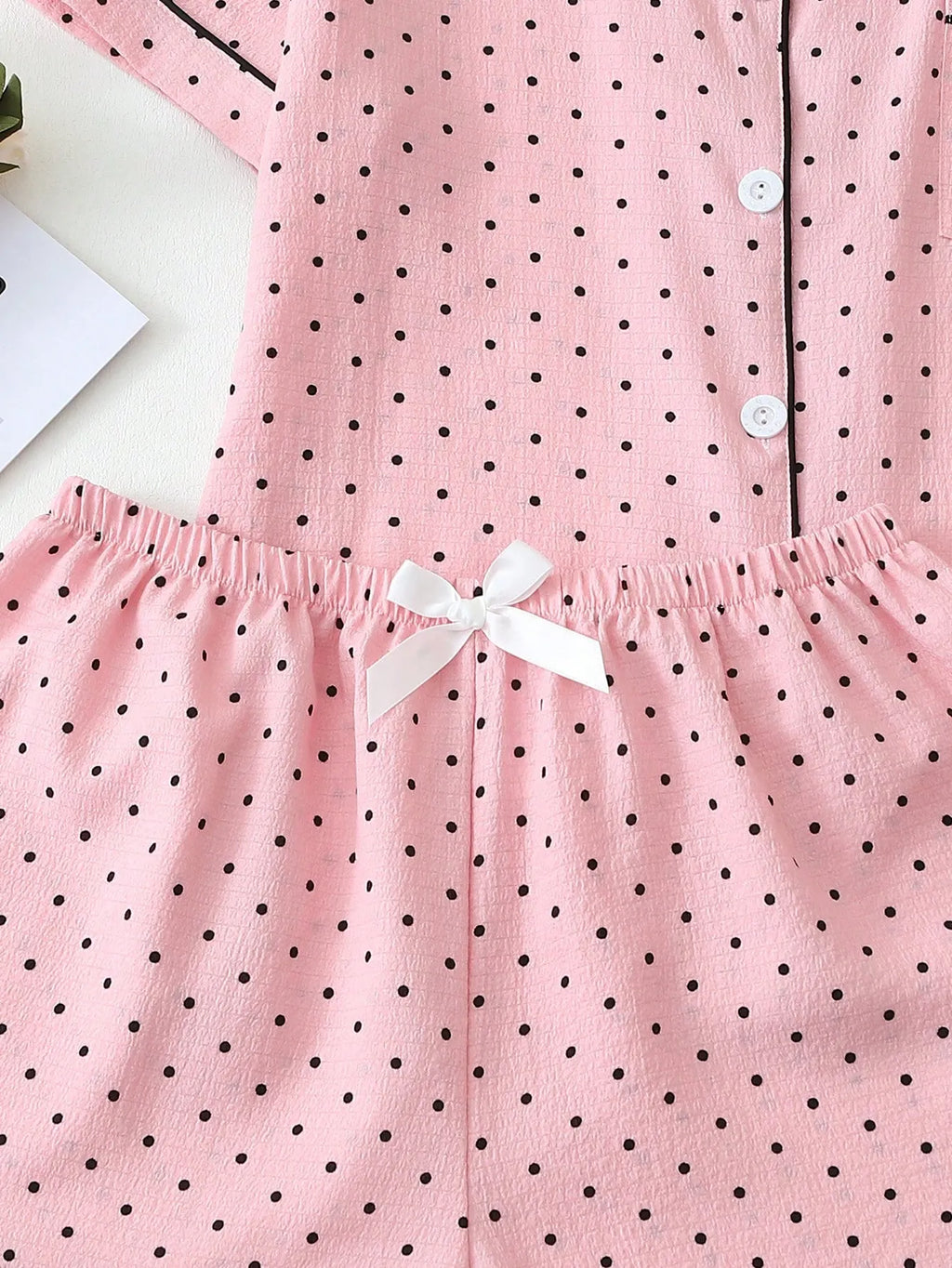 2pcs/Set Women's Mini Polka Dot Printed Pajama Set With Contrast Trim Button-Down Shirt And Bowknot Shorts, Perfect For Home Wear In Summer White Set,Two Pieces Set