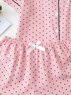 2pcs/Set Women's Mini Polka Dot Printed Pajama Set With Contrast Trim Button-Down Shirt And Bowknot Shorts, Perfect For Home Wear In Summer White Set,Two Pieces Set