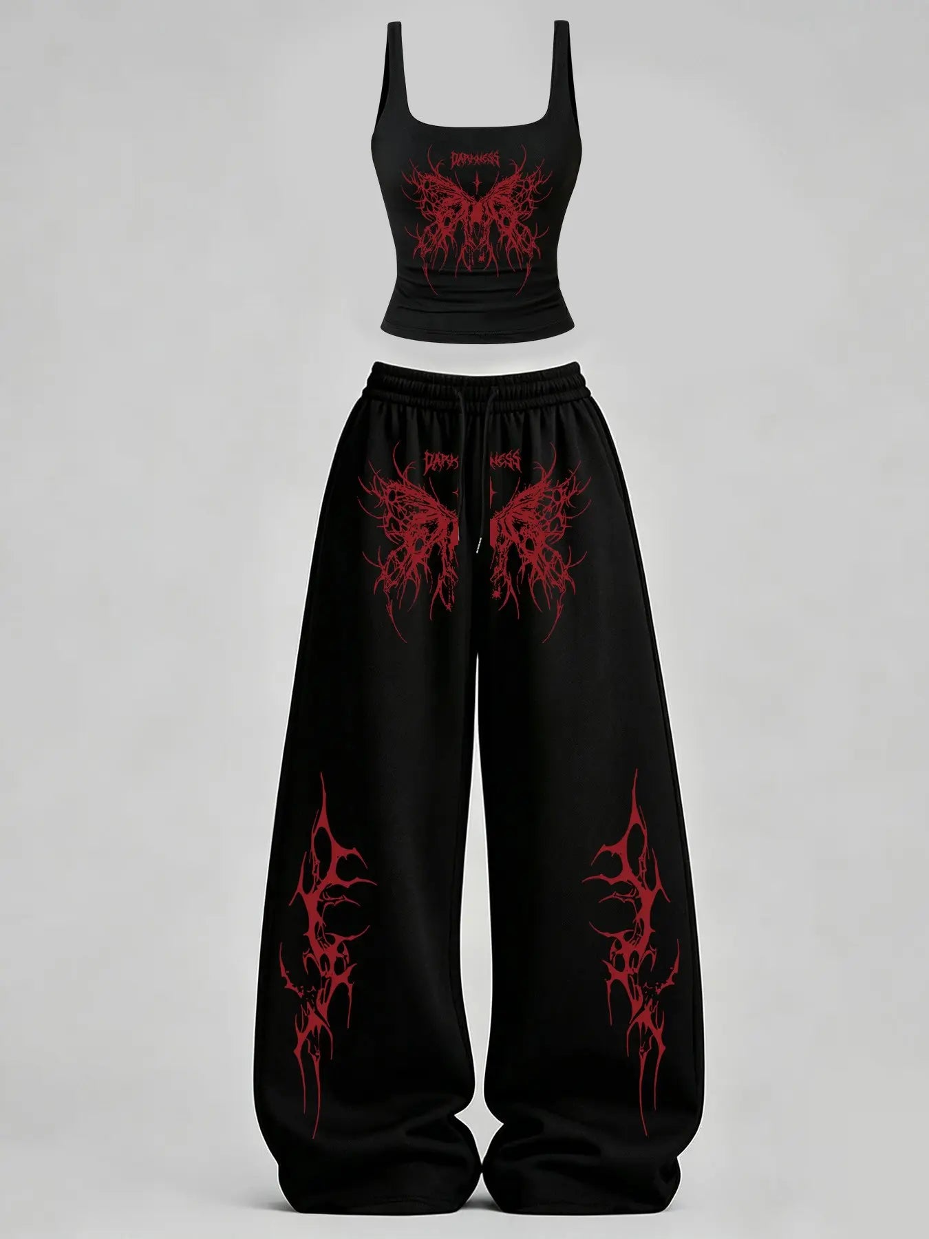 Women's Casual Tank Top Set, Slim-Fit U-Neck Vest and Loose Long Pants, Spider & Spider Web Print, Y2K Street Style