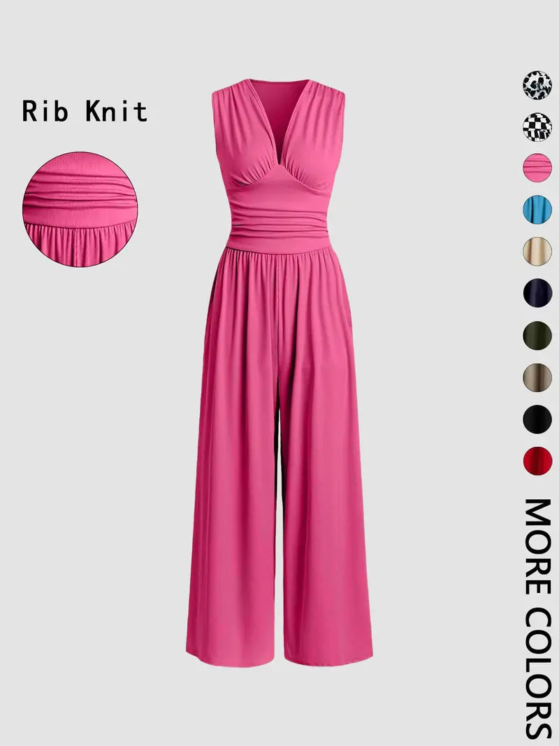 Women's Plain Ruched Deep V Neck Wide Leg Jumpsuit, Casual Sleeveless Ribbed Jumpsuit for Daily Wear, Ladies Clothes for All Seasons, Womenswear Basic Minimalist