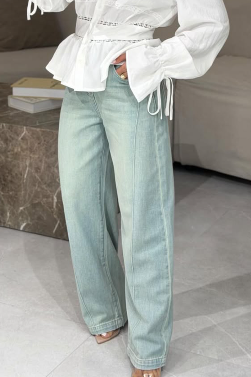 Women Casual One-piece Collar Patchwork Lace Patterned Top or Washed Patchwork Jeans