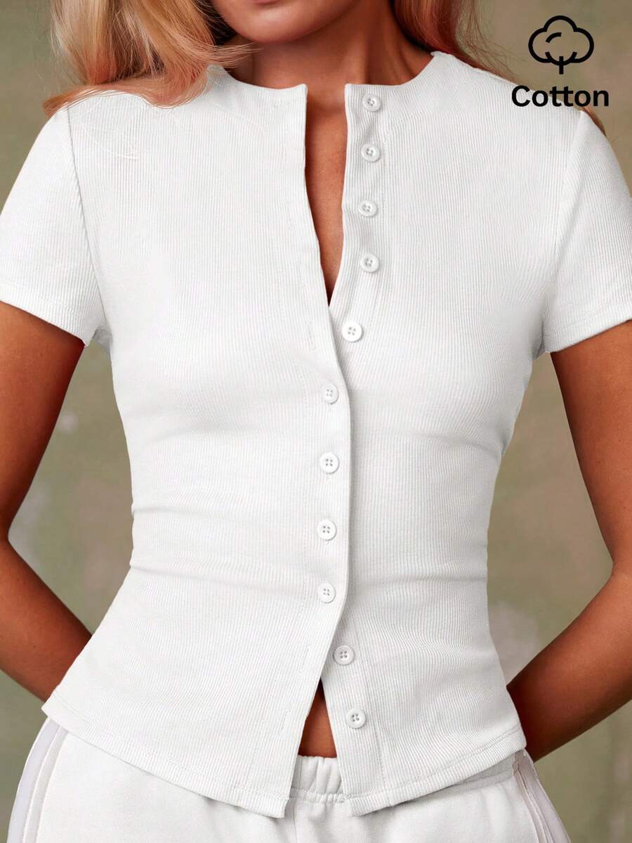 Women's Casual Red Single-Breasted Short Sleeve Fitted Top,Red Top,Christmas, Cute Vacation,Resort Wear,Summer Holiday,Spring,Spring Break,Beach
