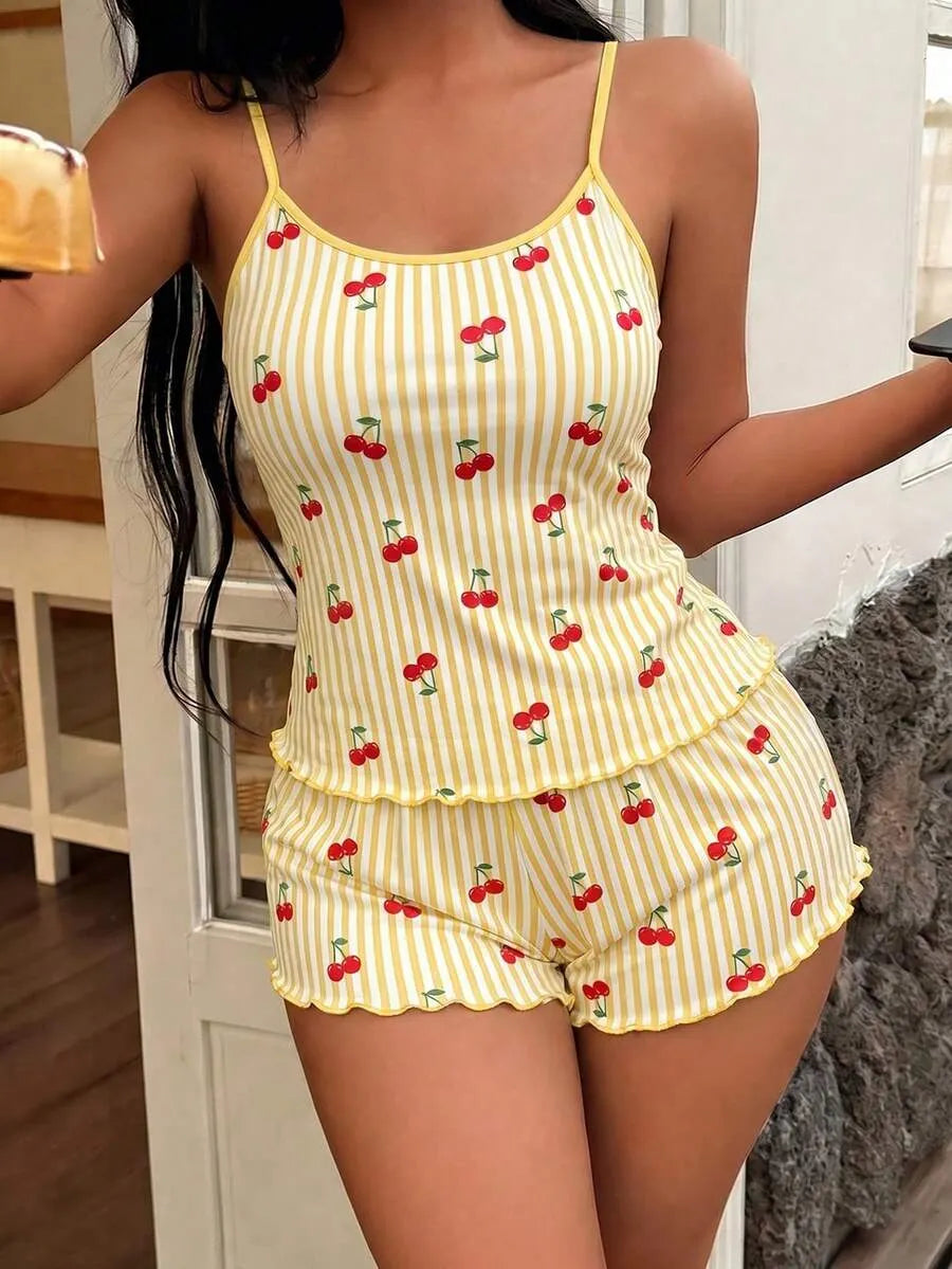 Softscene Women's Striped Cherry Print Camisole & Shorts Pajama Set