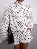 Women's Spring/Fall European Style Two-Piece Button Front Suit, Stand Collar Vintage Polka Dot Long Sleeve Blazer & Shorts, Pilot Look Outerwear Short Suits Top