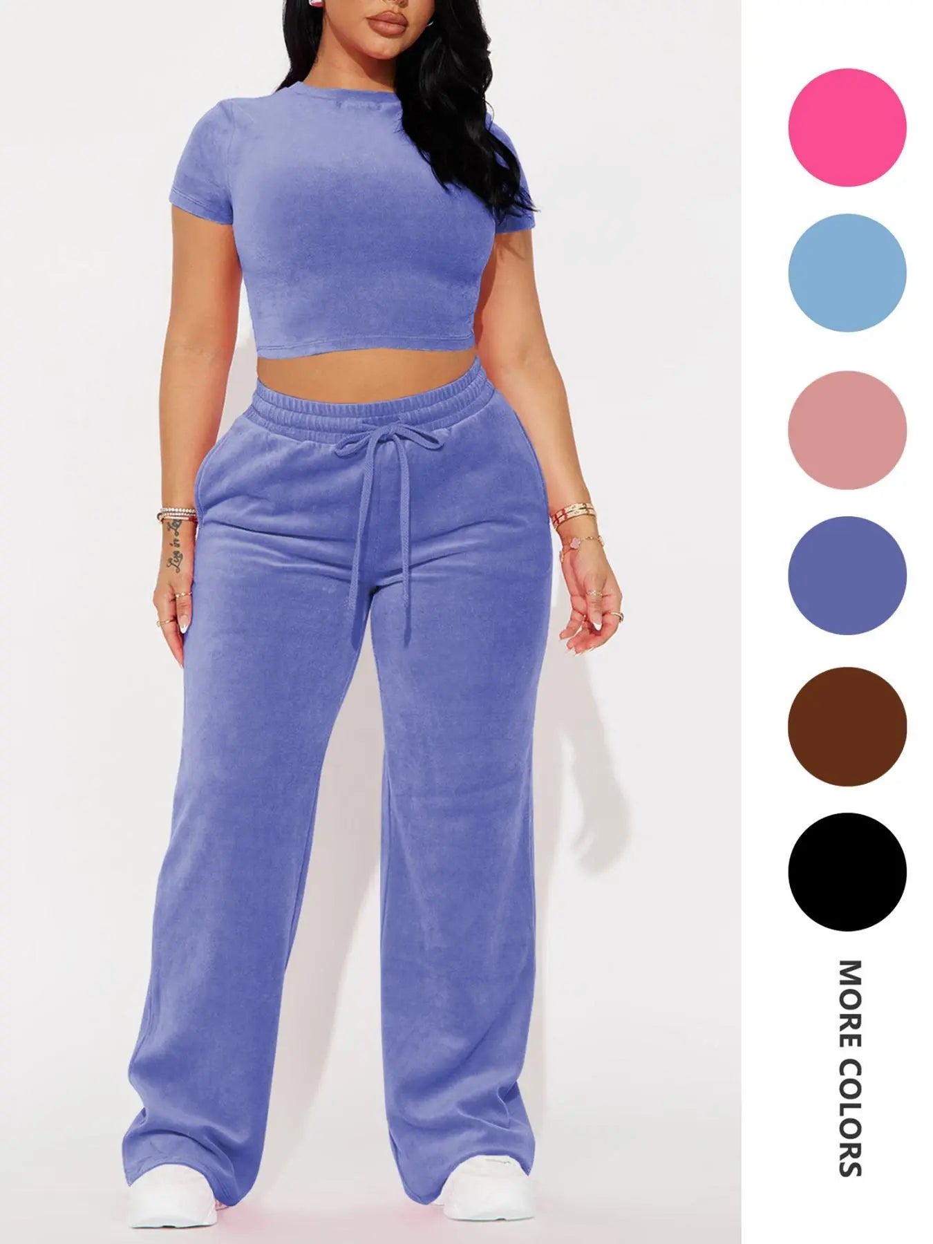 Two-piece Set Women's Solid Crop Tee & Drawstring Waist Pants Velvet Set, Casual Short Sleeve Round Neck T-shirt & Elastic Waist Trousers, Ladies Summer Clothes, Casual Matching Set
