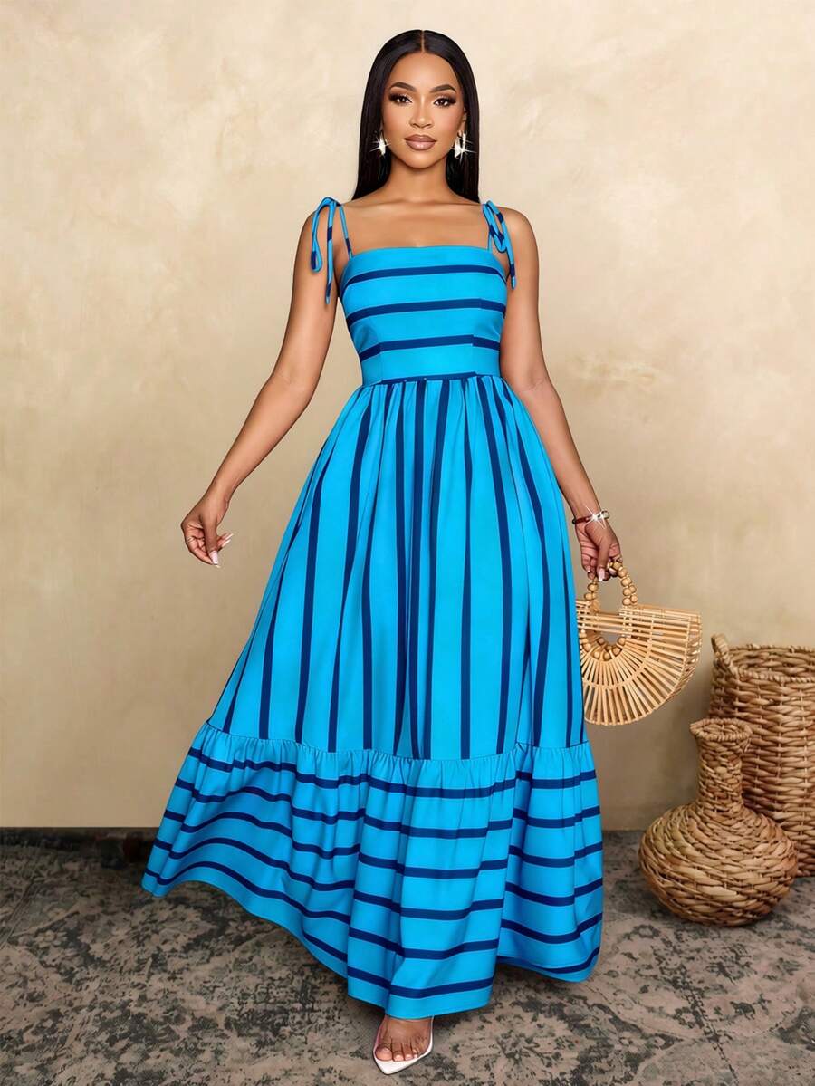 Women's Blue And White Stripe Flowing Maxi Dress,Summer Elegant Holiday Tea Party Holiday,Shoulder Straps Chest Gathering,Beach Casual Gown