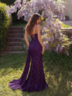 Elegant Sequin Spaghetti Strap Rhinestone Patchwork Fishbone High Waist High Slit Tie Back Open Back Evening Dress Fall