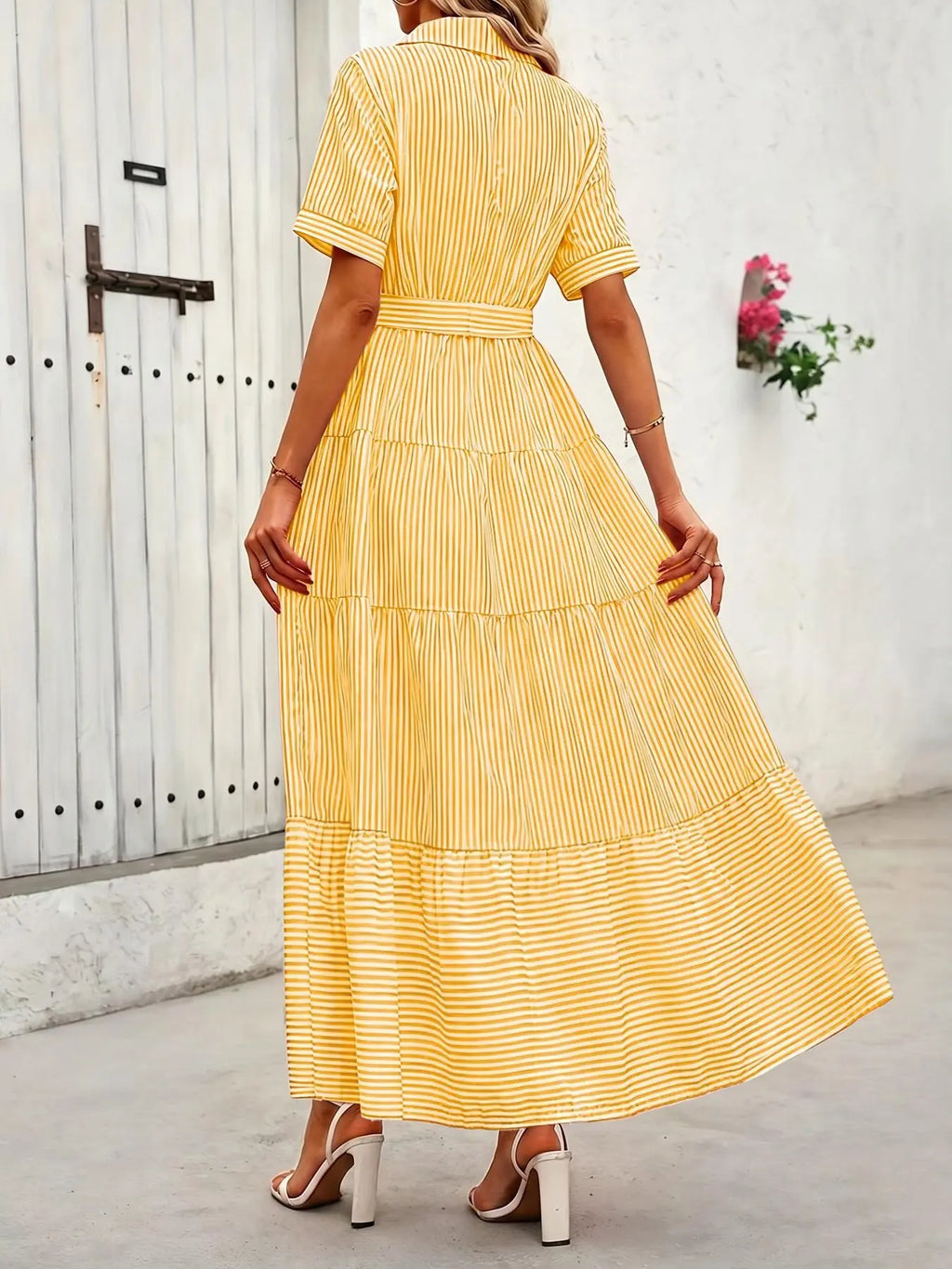 Women's Striped Print Adjustable Belted Button Dress, Elegant Chic Casual Fashion Long Dress for Summer, Breathable Lightweight Dress, Women's Clothing for Daily Wear, Fit, Womenswear, Maxi