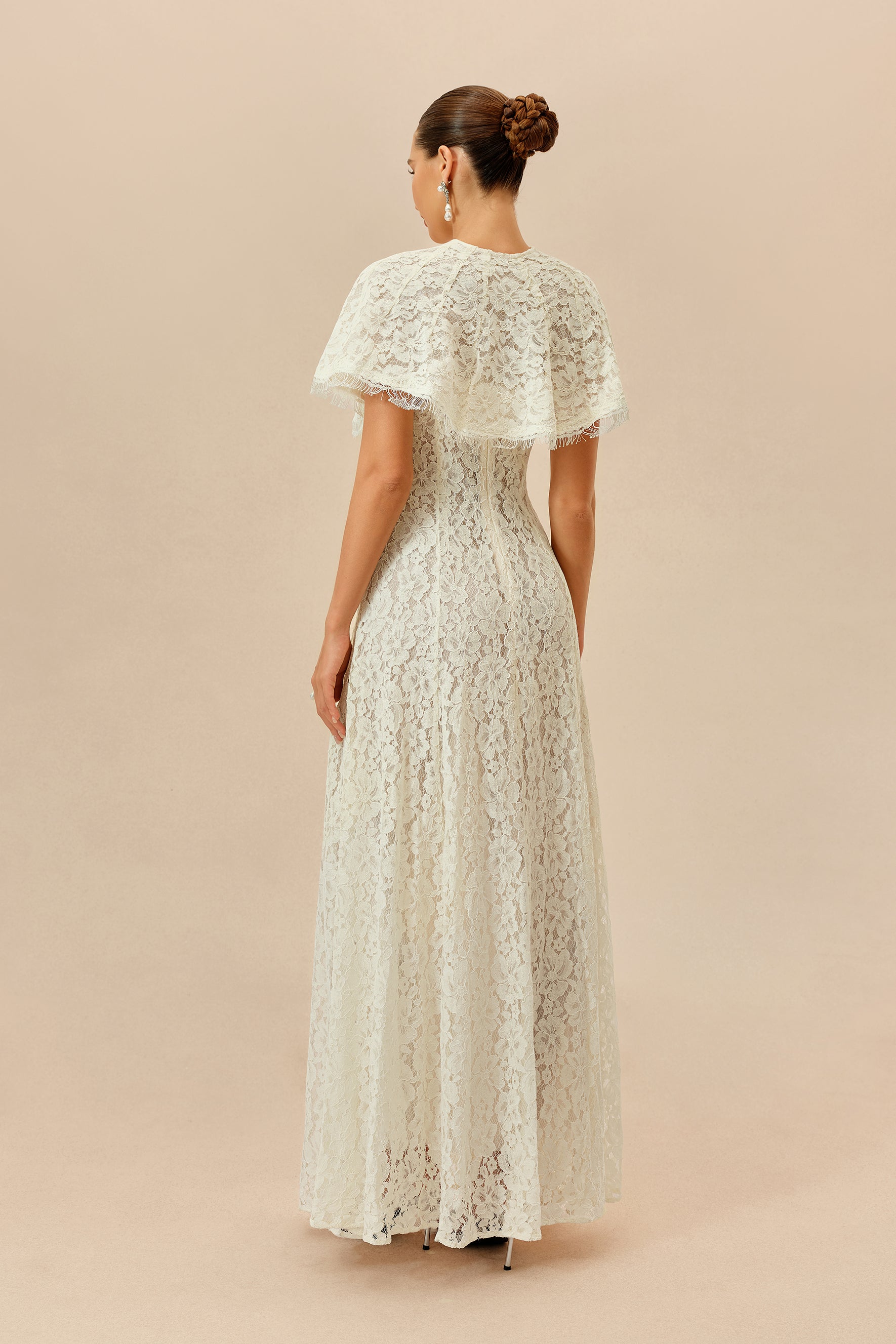 Make An Entrance White Floral Lace Maxi Dress With Cape