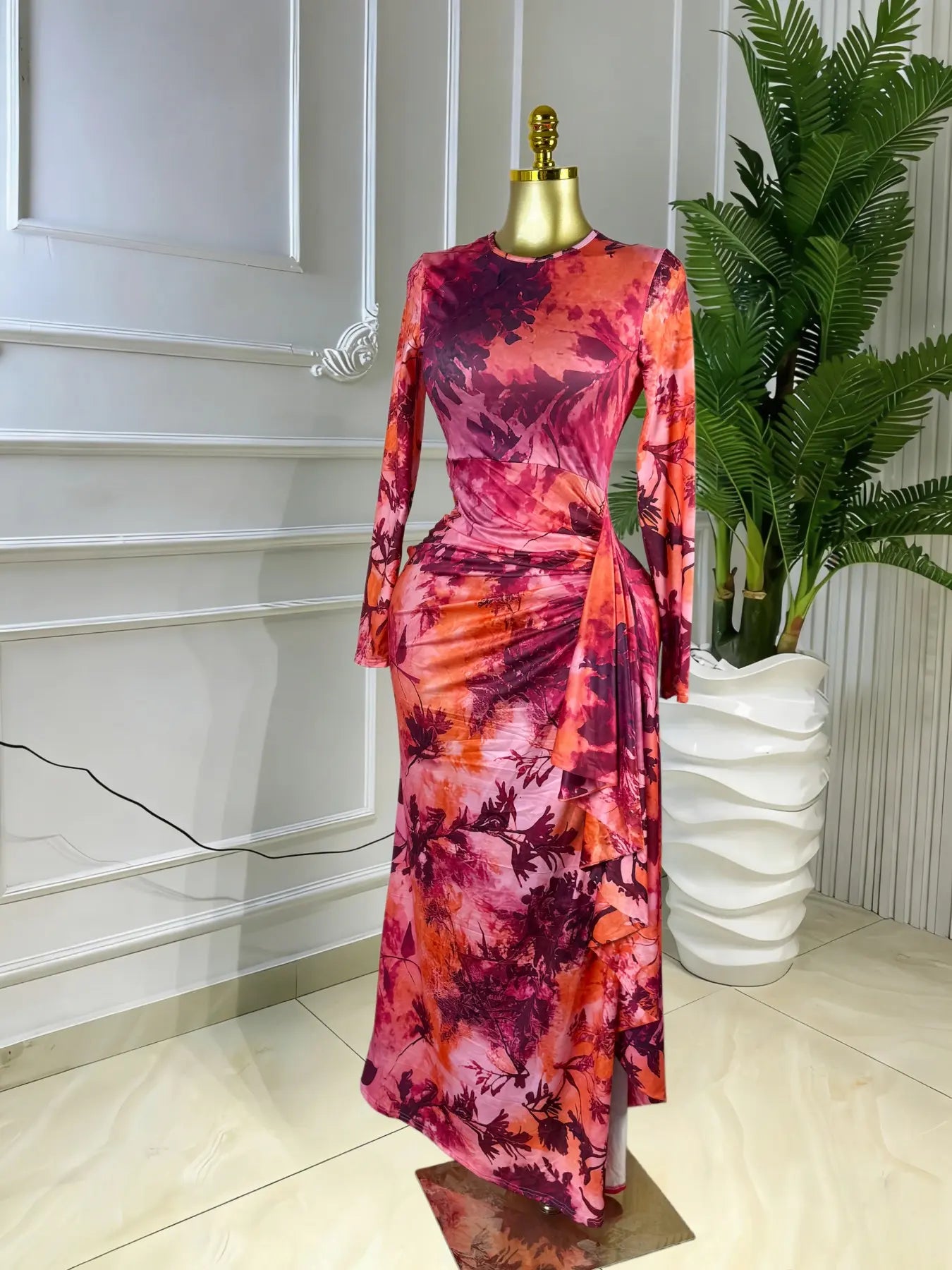Elegant Feminine Women's Printed O-Neck Long Sleeve Ruffled Satin Belted Long Prom Dress, Club Sexy Evening Party Outfit Gown, Formal Wear, Female Fashion Music Festival Dress,Romantic Lady Skirt,Graduation Season Dress