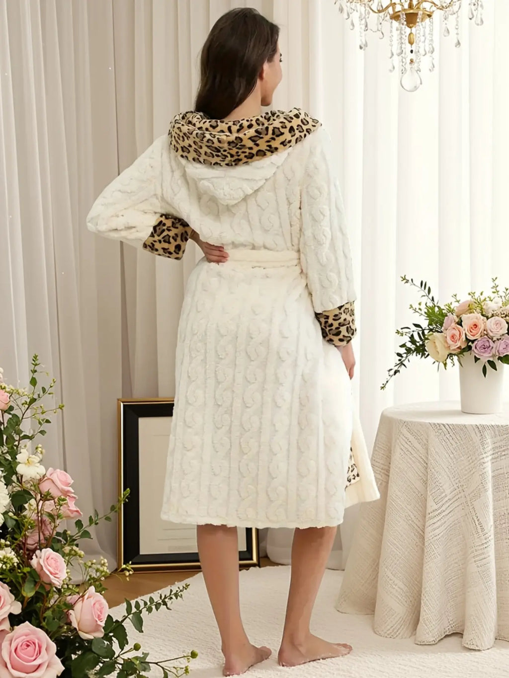 Women's Thick Coral Fleece Long Sleeve Nightgown, Rose Gold Leopard Print, Hooded Lapel Tie Waist, Long Warm Home Loungewear Robe with Pockets