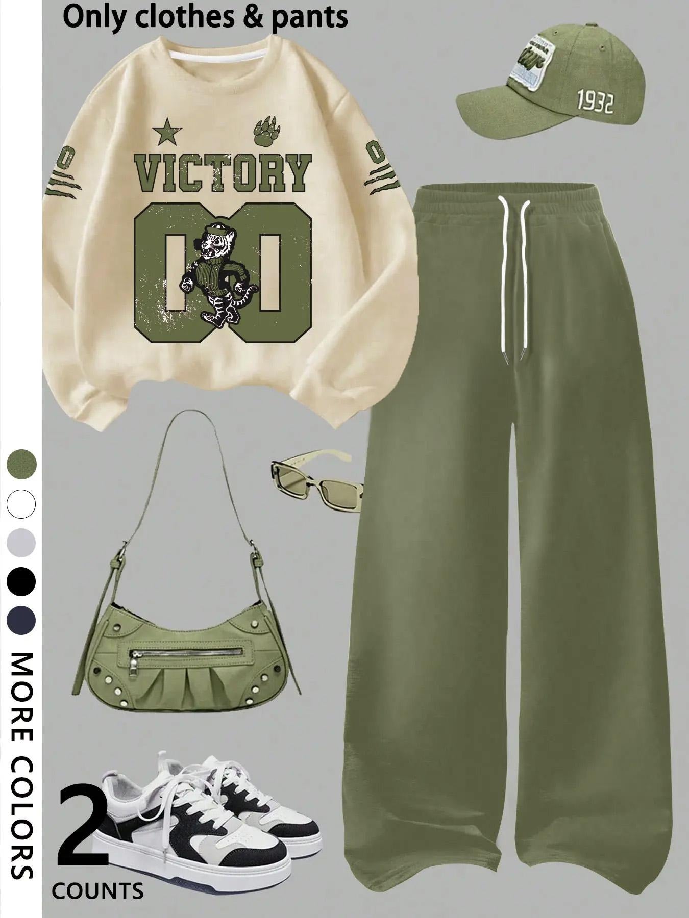 Girls' casual cool Graphic pattern print round neck pullover sweatshirt top and loose casual wide-leg pants, military green fashion dress, suitable for daily and going out