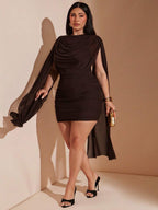 Plus Size Women's Solid Color Elegant Asymmetric Hem Mini Dress, Black Dress Dinner Evening Summer