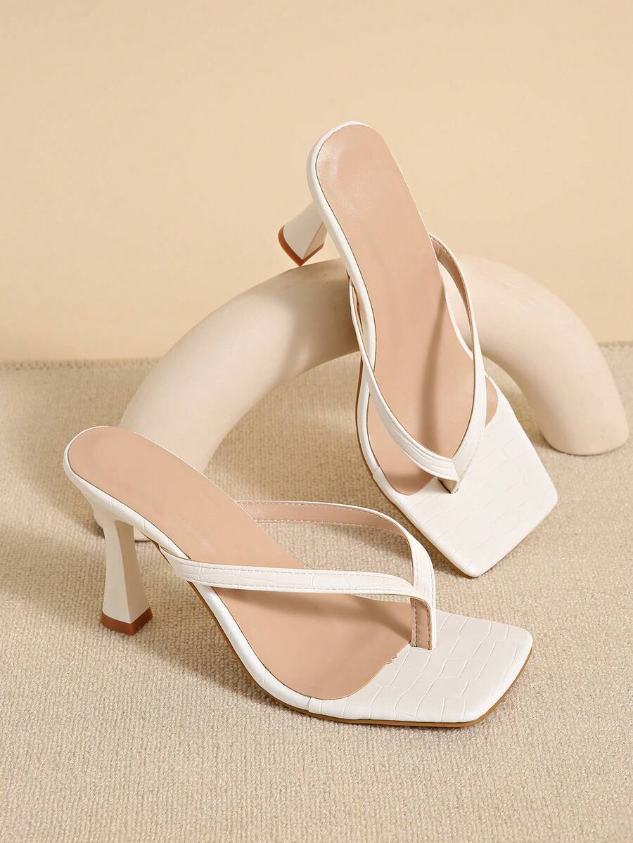 Square Toe Wide Foot Thong Sandals With Thin Heel, Versatile Outdoor Wear Thin Heel Thong Flip Flops For Women, Chic & Elegant