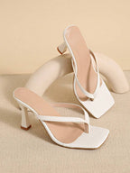 Square Toe Wide Foot Thong Sandals With Thin Heel, Versatile Outdoor Wear Thin Heel Thong Flip Flops For Women, Chic & Elegant