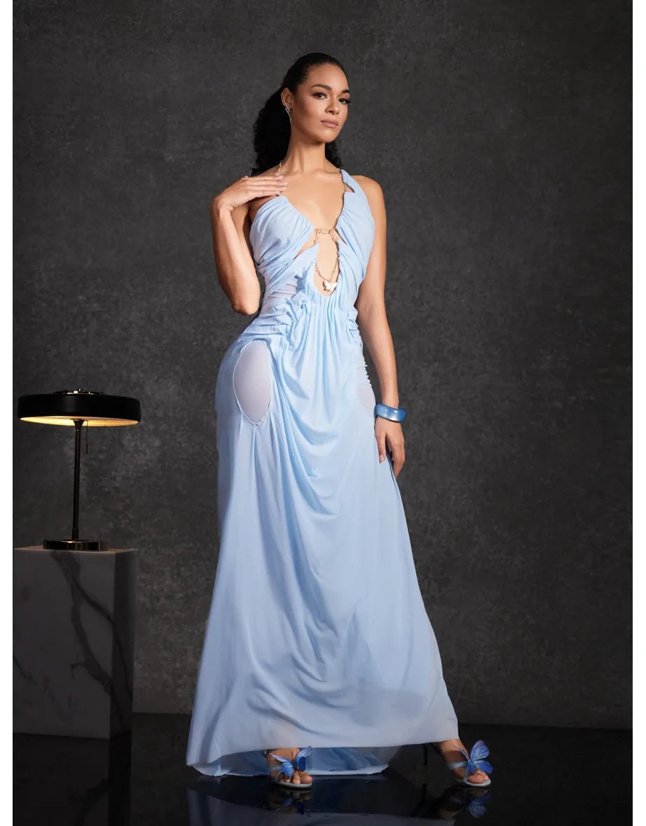 Daiki Halterneck Ruched Maxi Dress In Champagne