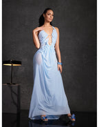 Daiki Halterneck Ruched Maxi Dress In Champagne
