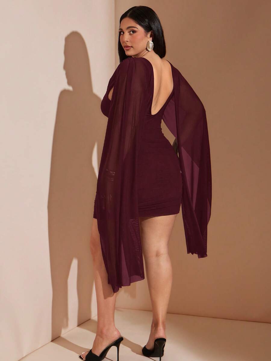 Plus Size Women's Solid Color Elegant Asymmetric Hem Mini Dress, Black Dress Dinner Evening Summer
