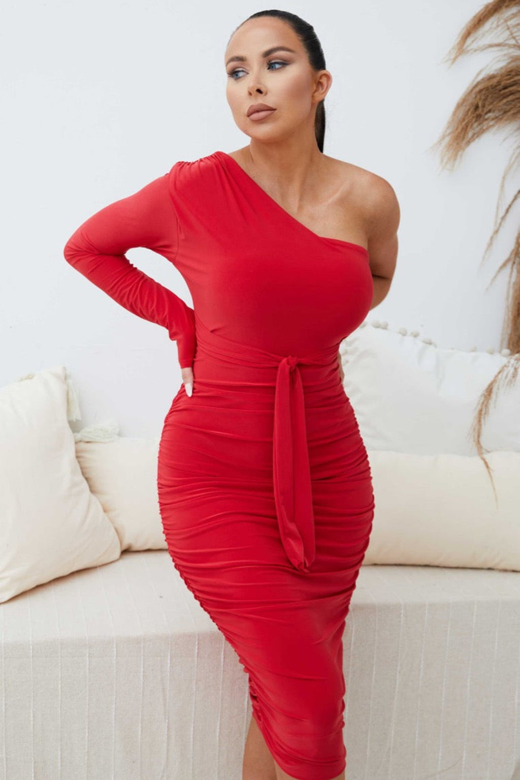 One Shoulder Ruched Slinky Midi Dress