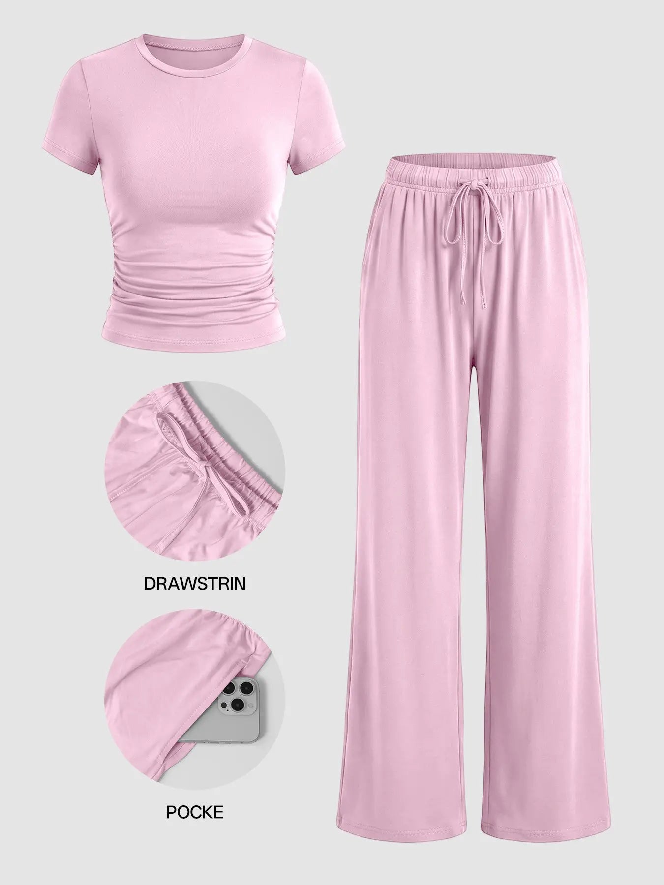 Ladies Autumn Casual Home Lounge Set, High Stretch Soft Fabric, Crew Neck, Wide Leg Tracksuit Pants, 2-Piece, Comfortable & Flattering