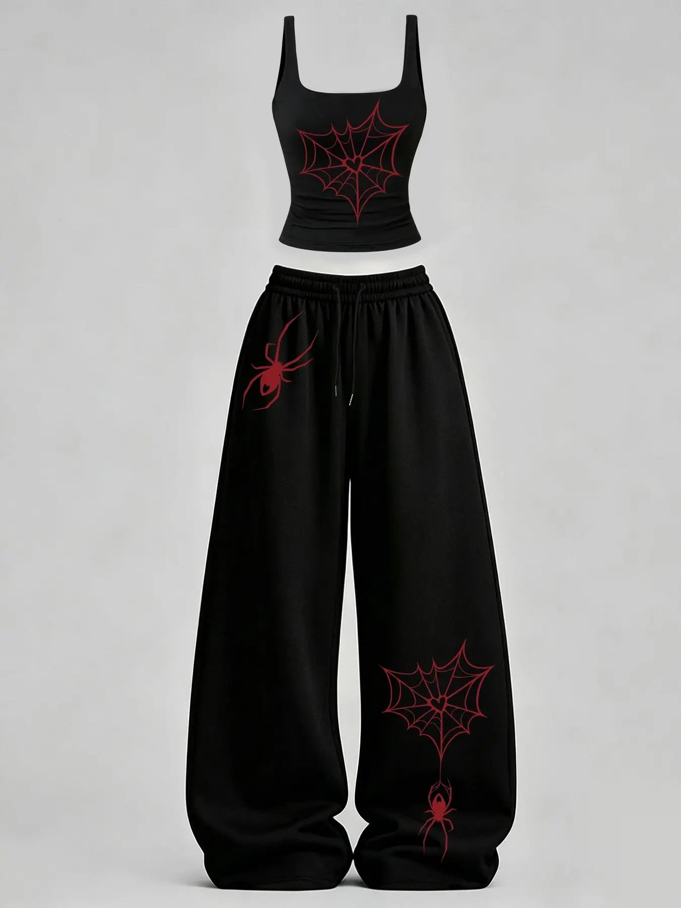 Women's Casual Tank Top Set, Slim-Fit U-Neck Vest and Loose Long Pants, Spider & Spider Web Print, Y2K Street Style