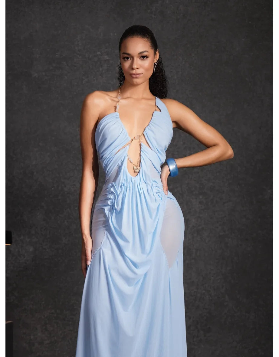 Daiki Halterneck Ruched Maxi Dress In Champagne