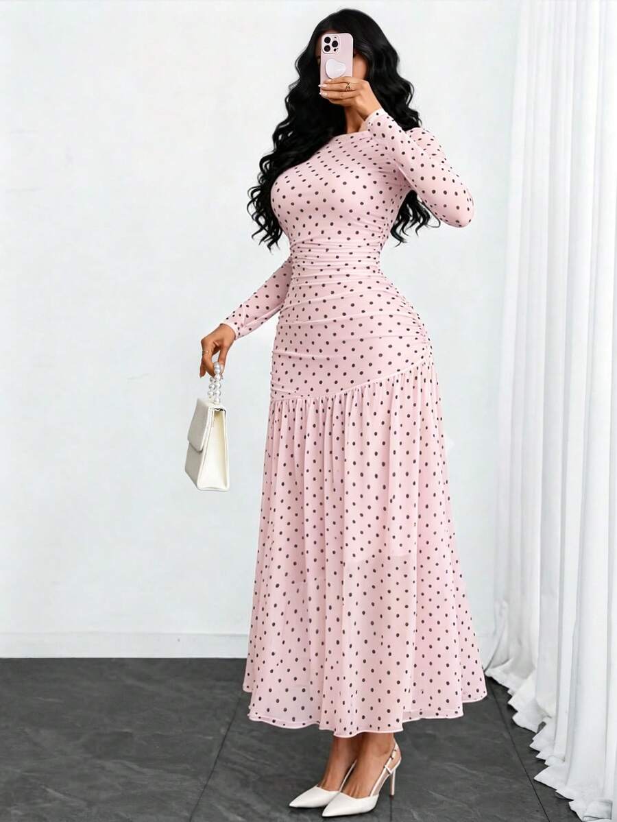 Women's Gothic Sexy Elegant Modern Contrast Stripe Asymmetrical Ruffle Waist Double-Layer Mesh Long Sleeve Dress, Suitable For Dates, Vacations And Daily Commute Spring