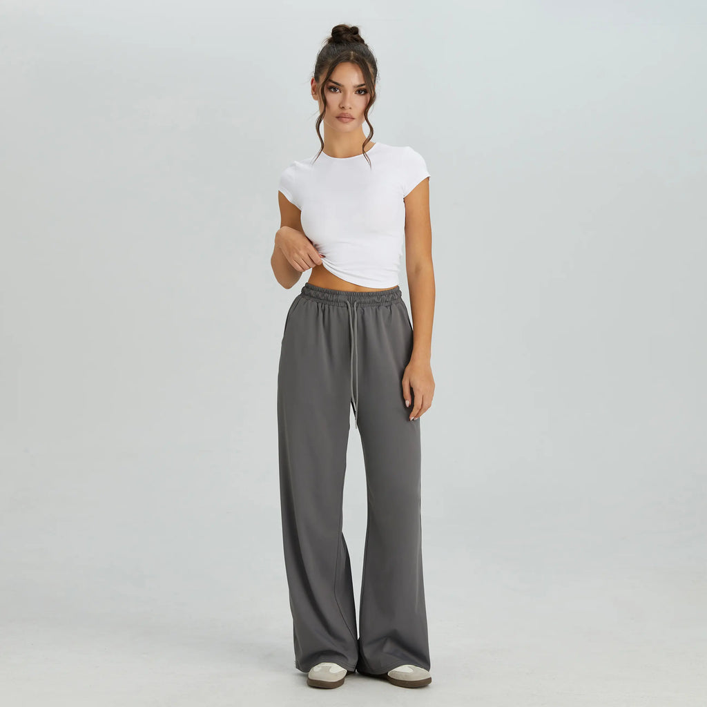 Women's Casual High Waist Striped Wide Leg Trousers, Sporty Drawstring Waist Side Pocket Outfit, Minimalist Versatile Women's Bottom