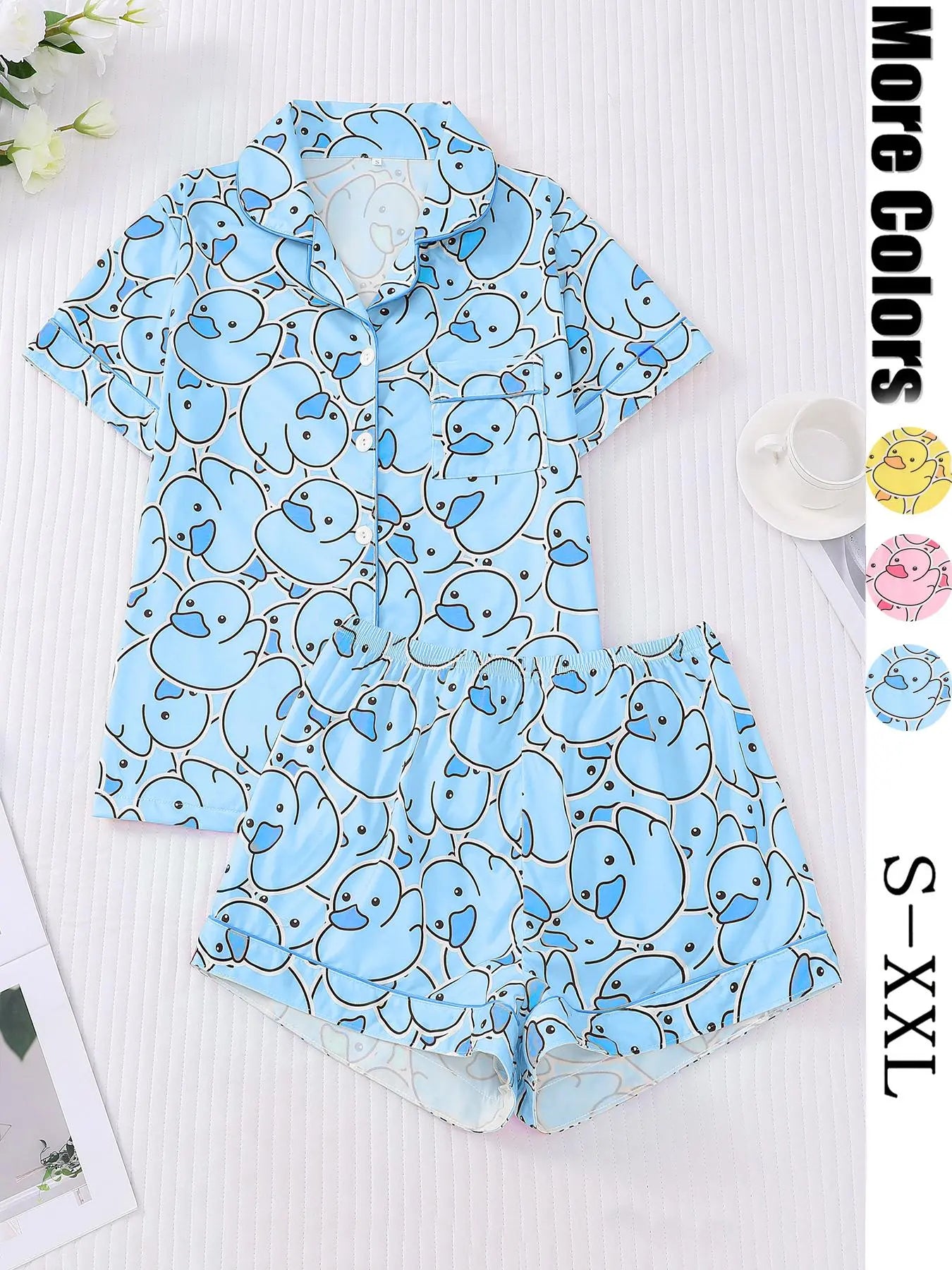 Women's Duck Print Shirt & Elastic Waist Shorts Pajama Two-piece Set