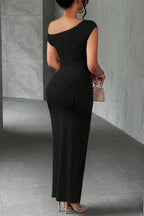 Off Shoulder Sleeveless Wavy Pattern Solid Color Bodycon Maxi Dresses-White