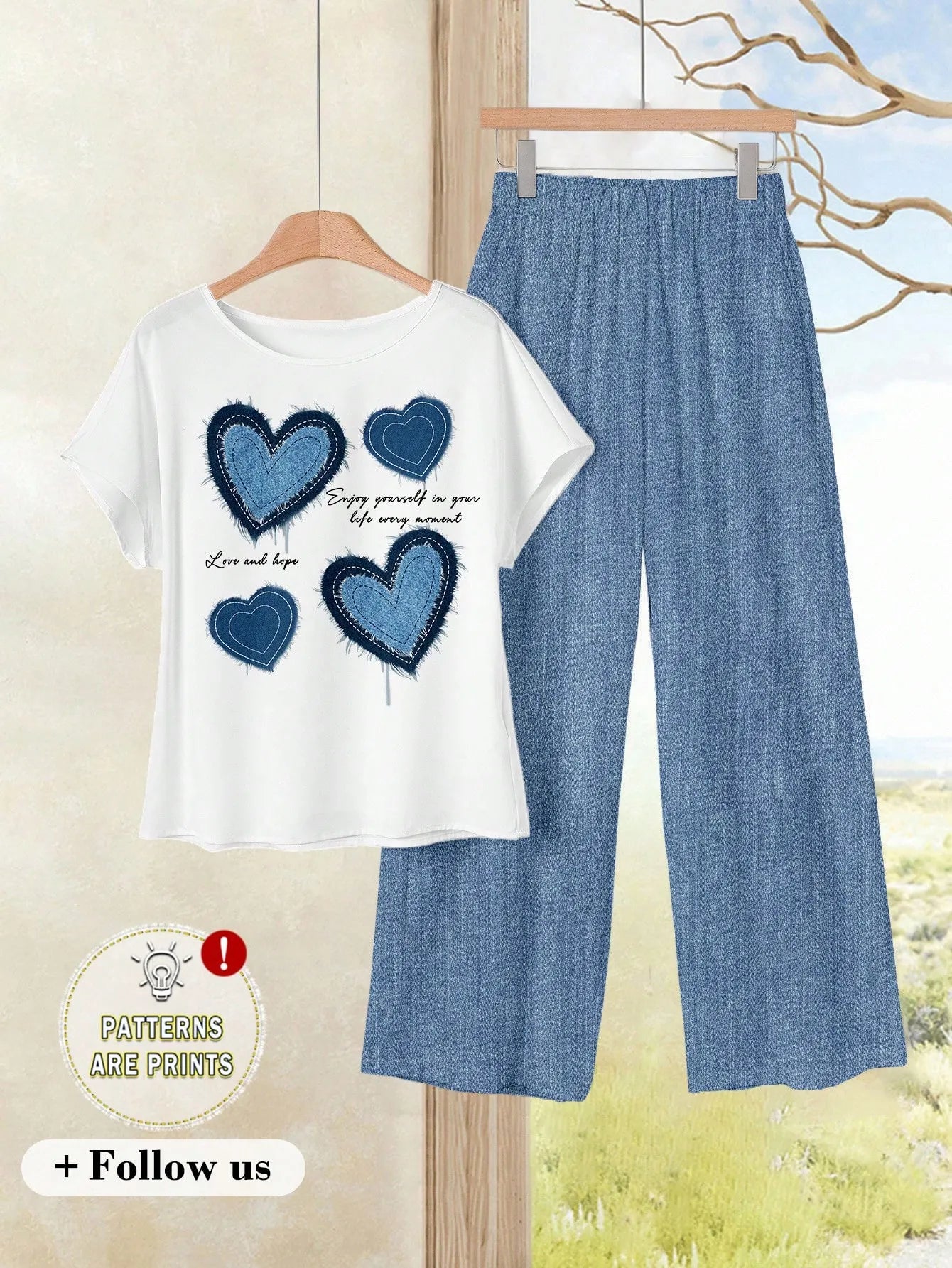 Women's Navy Blue Floral Summer Boho Casual Vacation Holiday 2 Pieces Outfits Plants-Pattern Pants And Round Neck Batwing Sleeve Blouse Woven Set
